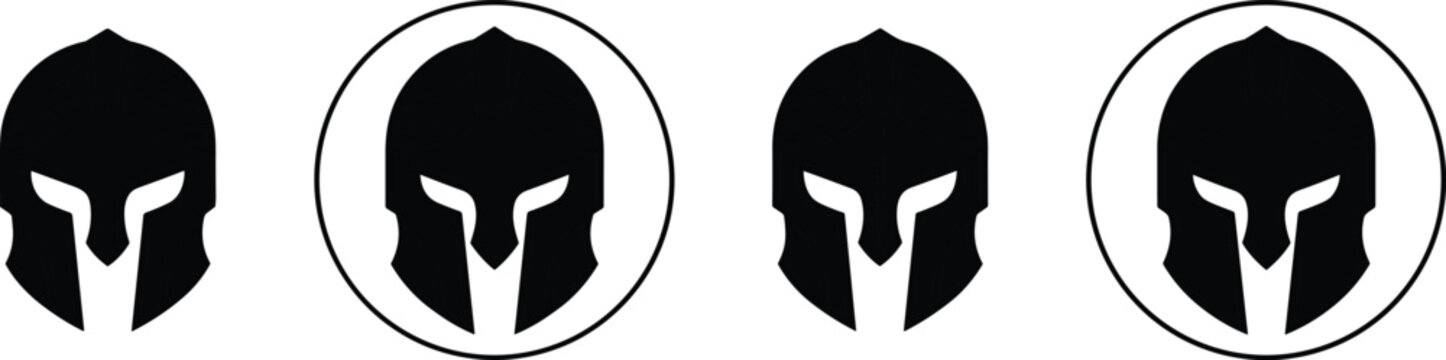 Spartan Warrior Helmet Icon Set with Ancient Greek Gladiator Mask Silhouette and Circular Border Elements for Sports Mascot Gaming Branding Vector Design