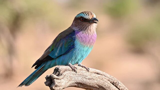 Colorful lilac breasted roller perched on a tree branch in natural wildlife habitat with vibrant feathers soft outdoor lighting and peaceful forest background capturing exotic bird beauty in nature ph