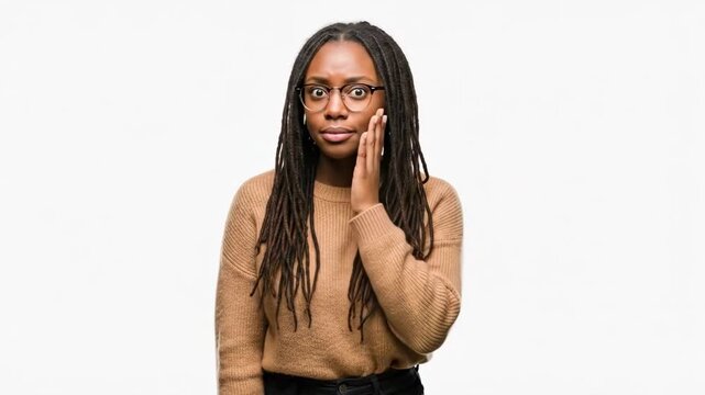 Surprised woman with hand near mouth in thoughtful pose