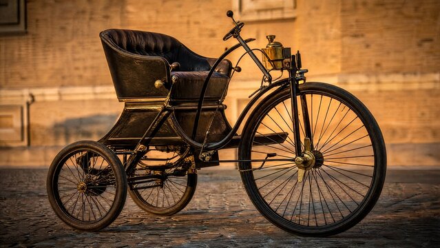 quadricycle. Vintage quadricycle with a large front wheel parked on cobblestones. mobility guides, transit brochures, designed for transport & logistics marketing, improves user orientation.