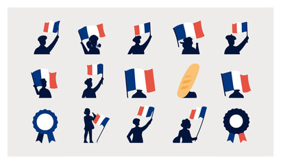 Fototapeta premium French Flag Silhouette Celebration Icons Set.