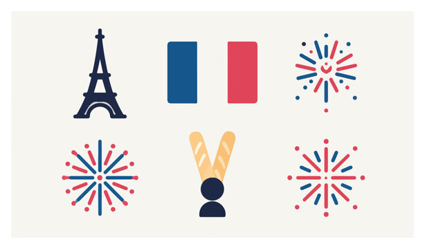 French cultural symbols and celebration icons set.