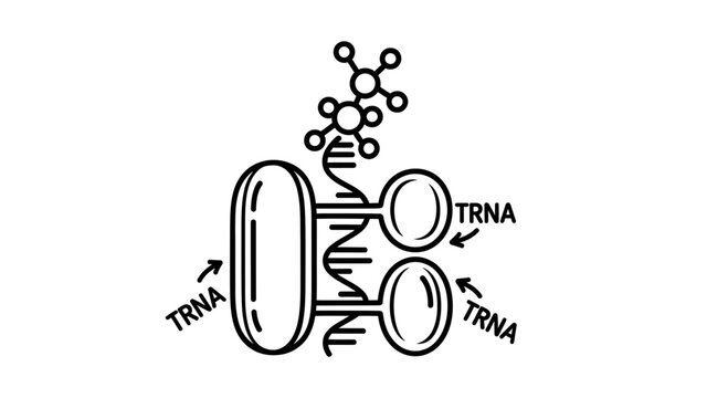 Molecular biology illustration: tRNA molecules interacting with mRNA and a protein chain during translation