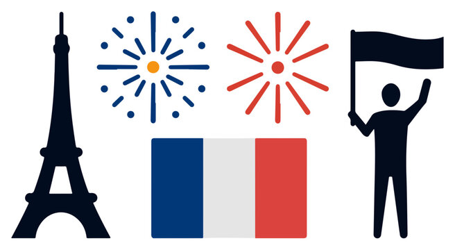 French national symbols and celebration icons including Eiffel Tower and flag.