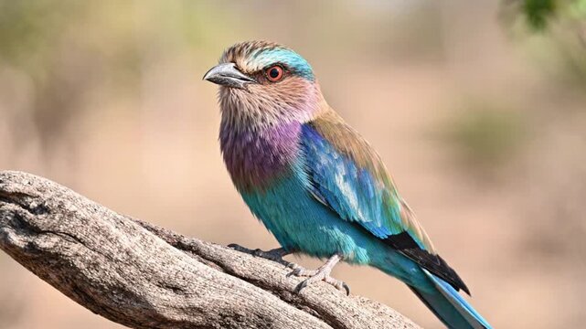 Colorful lilac breasted roller perched on a tree branch in natural wildlife habitat with vibrant feathers soft outdoor lighting and peaceful forest background capturing exotic bird beauty in nature ph