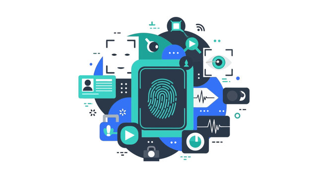 Cyber Security and Biometric Identity Verification Concept with Fingerprint, Iris Scan, Facial Recognition, and Digital Privacy Icons in Flat Vector Style