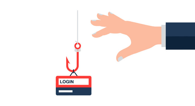 Phishing Attack Concept with Hand Reaching for Login Button on a Fishing Hook - Cyber Security Threat and Online Fraud Illustration
