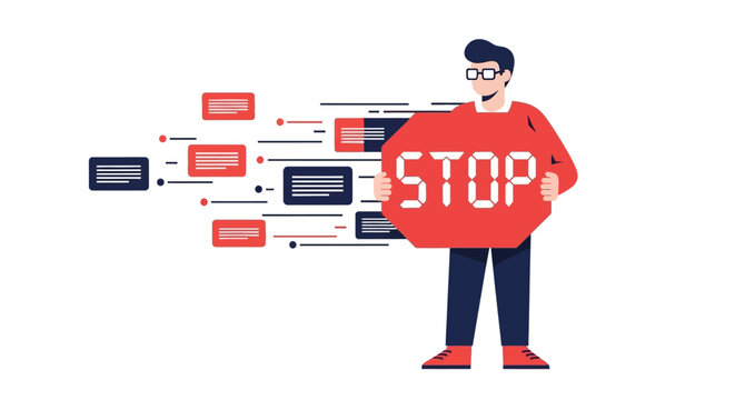Flat Vector Illustration of a Man Holding a Stop Sign to Block Digital Spam and Information Overload