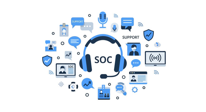 Security Operations Center SOC Illustration with Customer Support Icons and Cybersecurity Communication Elements