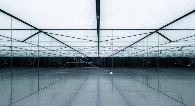 Expansive modern architectural interior space with mirrored partition walls amplifying light and geometric designs