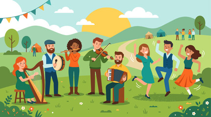 Fototapeta premium This flat design illustration captures the lively spirit of Lughnasa, featuring people playing traditional instruments and dancing with joy. 