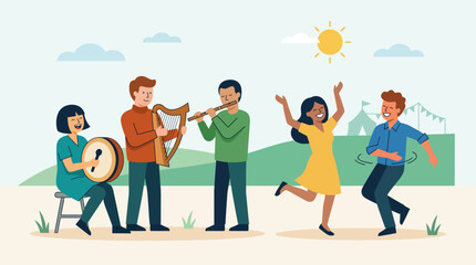 Fototapeta premium This flat design illustration captures the lively spirit of Lughnasa, featuring people playing traditional instruments and dancing with joy. 