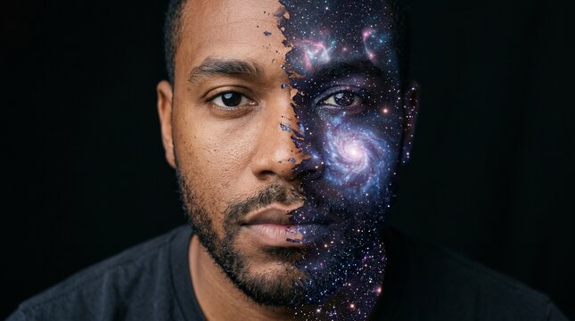 A man whose face is half there, half stars &mdash; transitioning into the cosmos