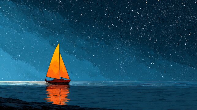 Sailboat with glowing orange sail on calm night water under starry sky