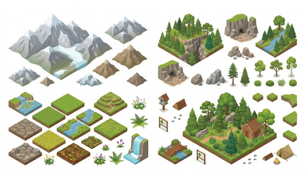 Isometric Nature Elements Vector Set With Trees Mountains And Landscape Objects