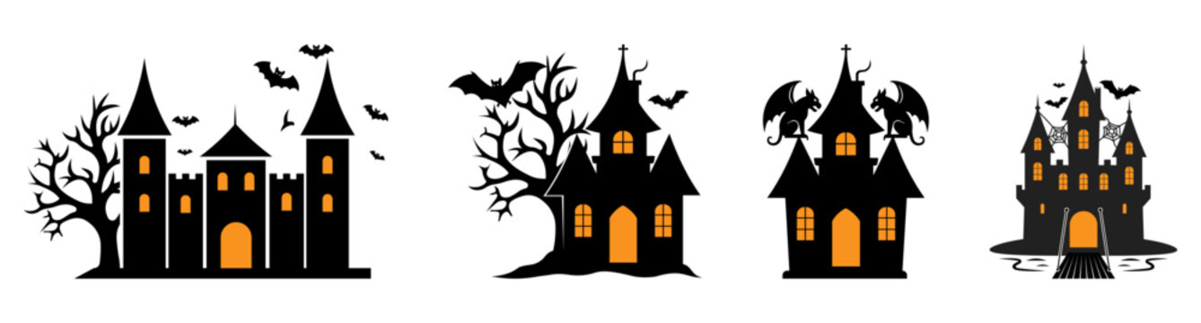 Haunted house and castle silhouette halloween icon set with bats spooky trees and glowing windows
