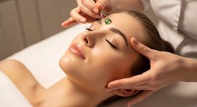 A serene moment of a woman enjoying a calming facial treatment with jade rollers in a spa environment.