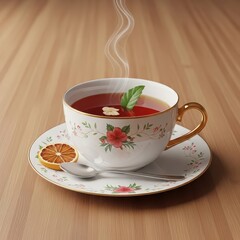 Fototapeta premium Elegant Tea Cup with Steaming Tea and Dried Orange Slice photo image