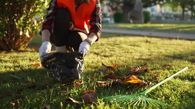 Female municipal park worker cleaning fallen leaves and collecting waste in city park, supporting environmental protection and urban green space maintenance.