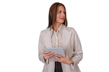 Fototapeta premium Businesswoman presenting information on a tablet, engaging with concepts of networking and modern business strategy. Transparent background