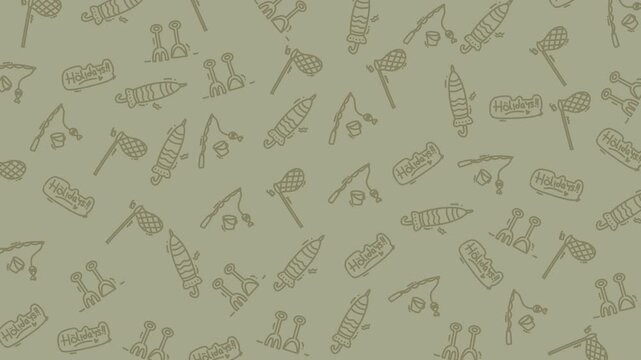 Fishing rods and nets scatter across a muted background. Simple outlines hint at leisure and outdoor recreation. Ideal for themes of calm, nature, or seasonal hobbies. Pattern repeats gently
