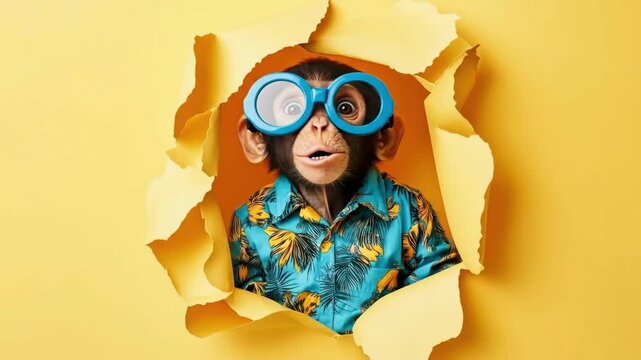 Playful monkey in blue glasses and hawaiian shirt on yellow torn paper background