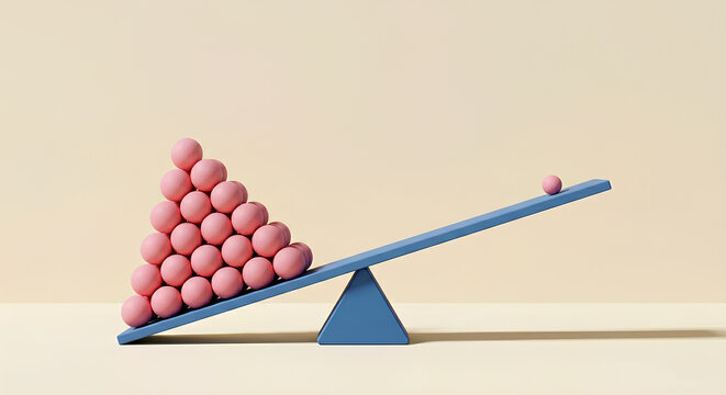 Imbalance on a Balance Scale - Large Pyramid Stack of Pink Spheres Heavily Weighing Down One Side Against a Single Small Pink Sphere on the Other Side, Conceptual 3D Render