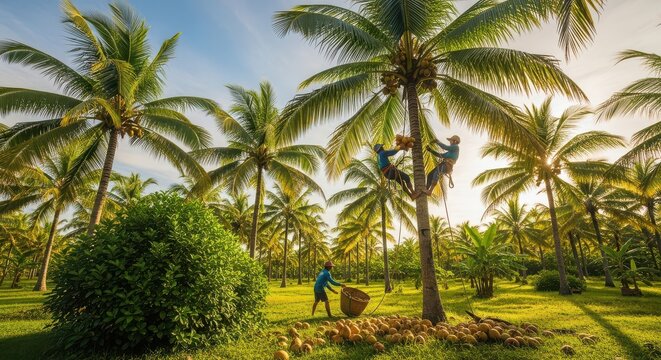 Coconut harvesters climbing palm trees in a tropical plantation harvesting workers