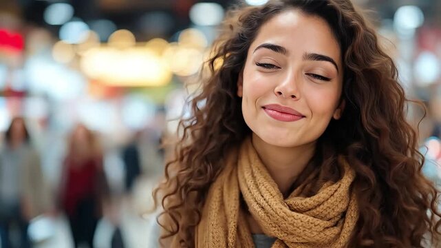A smiling woman with curly hair and a scarf in a busy outdoor market.