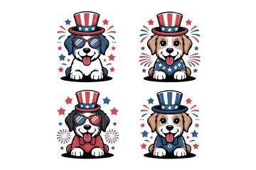 Fototapeta premium set of Dog portrait for Independence day 4th of July vector illustration isolated on white background