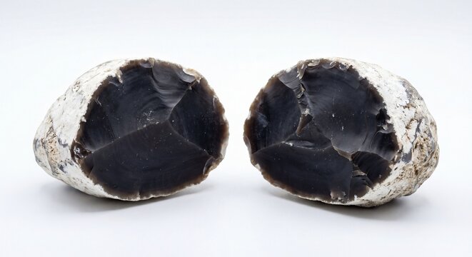 Two halves of a broken black flint nodule showing glass-like conchoidal fracture against white back.