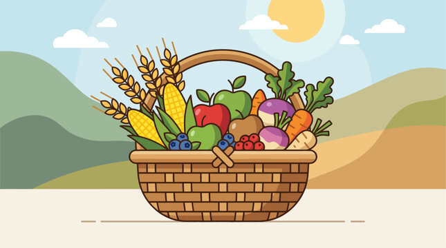 This flat design illustration features a charming woven basket overflowing with fresh, seasonal produce, symbolizing the rich bounty of the Lughnasa harvest.