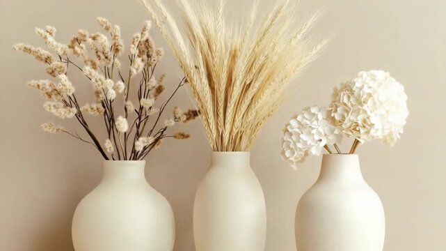 This shows how to arrange dried flowers in vases for home decoration. Simple techniques are used to create a clean and modern look using light colors