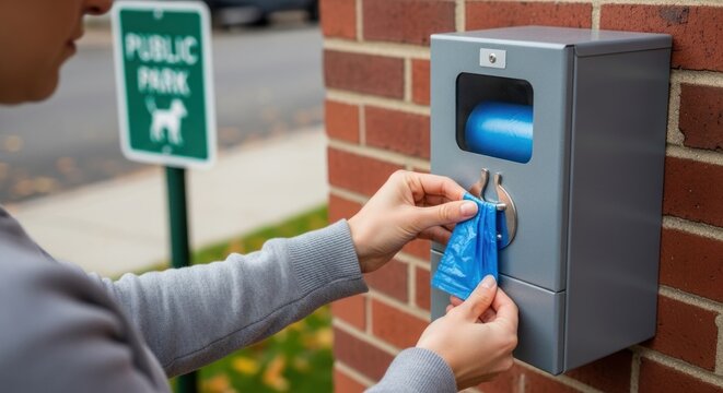 Person taking a blue dog waste bag from a dispenser in a public park.