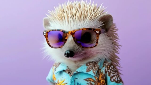 Stylish hedgehog in sunglasses and hawaiian shirt against purple background