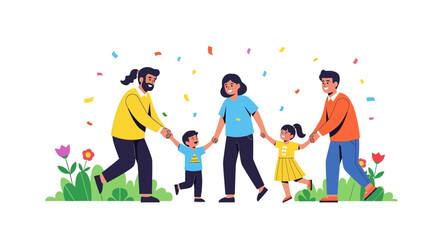 Naklejka premium Happy Diverse Families Holding Hands and Dancing in Confetti Celebration