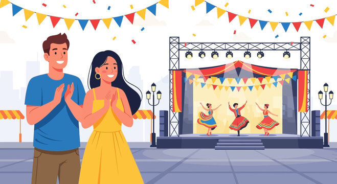 Happy couple applauding a vibrant cultural dance performance on an outdoor stage.