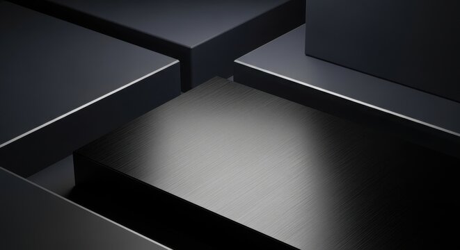 Close-up of brushed dark anodized aluminum surfaces with subtle reflections, showcasing geometric forms