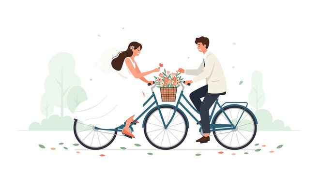 Happy couple riding a bicycle with flowers in a park, wedding celebration