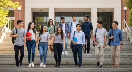 Obraz premium Diverse group of young students walking down stairs on a university campus