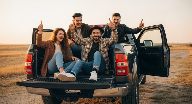 Four friends joyfully riding in the open bed of a pickup truck during a sunny outdoor adventure