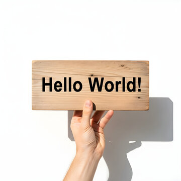 Hand holding wooden hello world sign