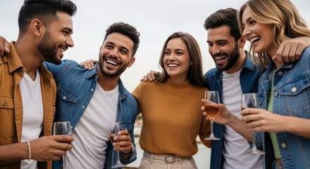 Obraz premium Joyful group of friends enjoying drinks and laughter during an outdoor gathering