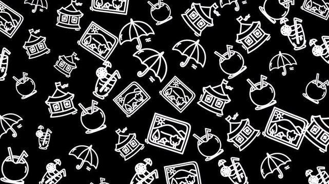 Black background with playful white doodles. Pens sketches include umbrellas, apples, and whimsical buildings. No people shown, so no emotions to describe. Ideal for designs, patterns