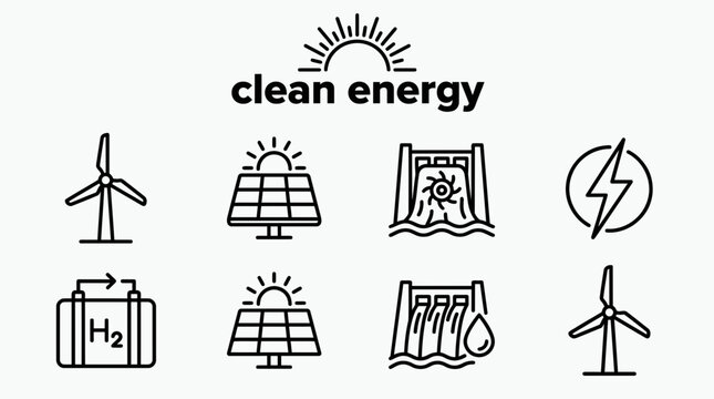 Clean energy icons solar wind hydro and hydrogen power symbols