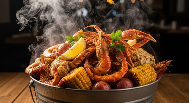 Steaming Seafood Boil Bucket with Crab Shrimp Corn and Potatoes image photo