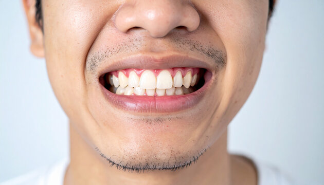 Irritated red gums of a young man, dental inflammation visual. Close-up.