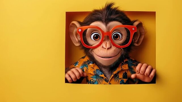 Playful young chimpanzee with red glasses in hawaiian shirt against yellow background