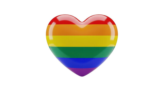 Glossy 3 d heart shape with horizontal rainbow stripes representing pride flag colors isolated on a solid black background