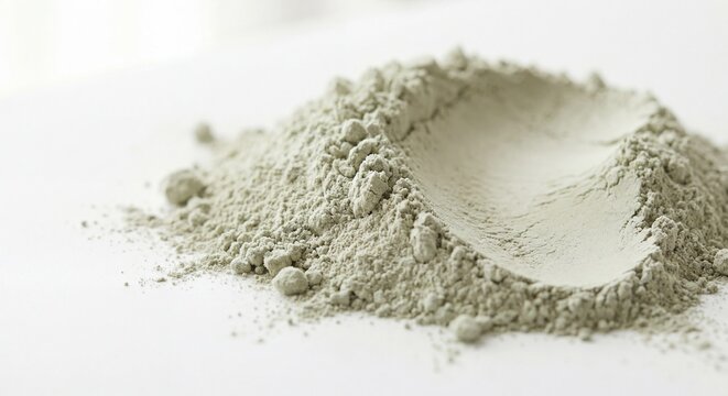 A fine heap of soft bentonite clay powder rests on a clean white surface with a smooth texture.